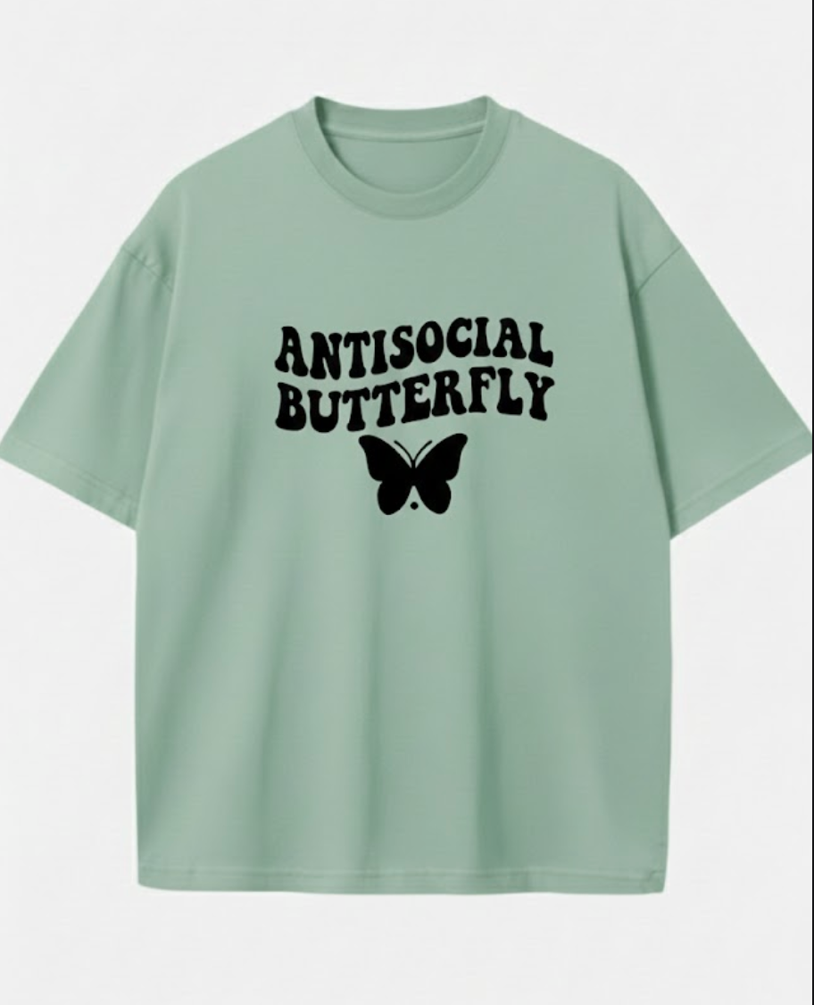 Antisocial Butterfly Oversized Graphic Tee Y2K Aesthetic Streetwear Unisex Cotton T-Shirt with Retro Wavy Font and Soft Breathable Fabric