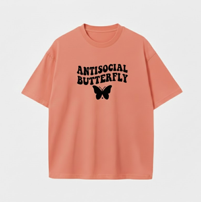 Antisocial Butterfly Oversized Graphic Tee Y2K Aesthetic Streetwear Unisex Cotton T-Shirt with Retro Wavy Font and Soft Breathable Fabric