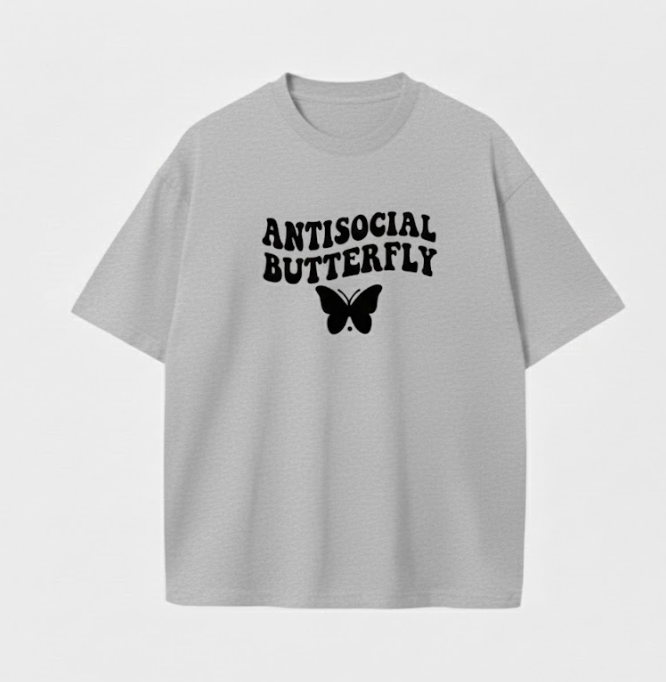 Antisocial Butterfly Oversized Graphic Tee Y2K Aesthetic Streetwear Unisex Cotton T-Shirt with Retro Wavy Font and Soft Breathable Fabric